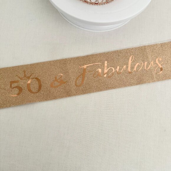 50th Birthday Tiara and Sash Set Rose Gold 50 and Fabulous Glitter Party Accesso - Picture 5 of 8